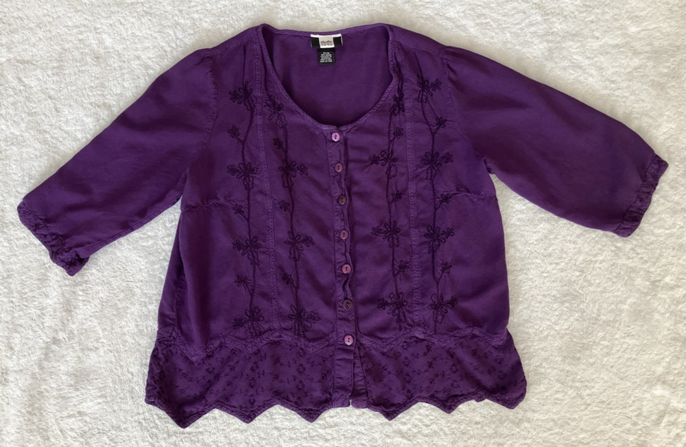 Top Embroidered Dark Romantic Blouse Purple Floral Asymmetrical Hem SZ XL 14/16